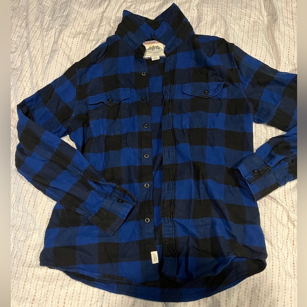 American Eagle Blue and Black Flannel Men's Button Shirt, Small